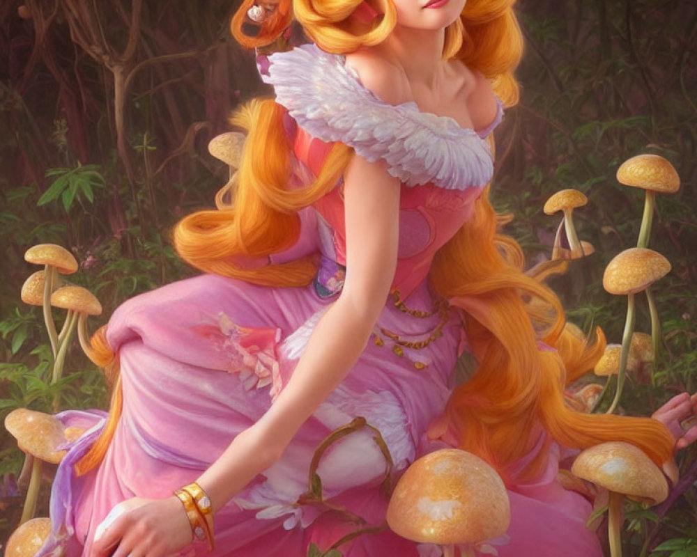 Blonde Princess in Pink Dress Sitting in Enchanted Forest