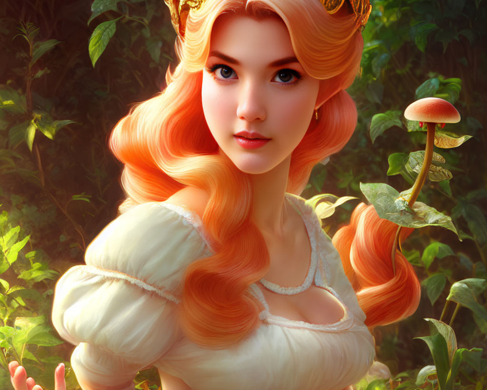 Illustration of woman with orange hair and gold crown in forest setting