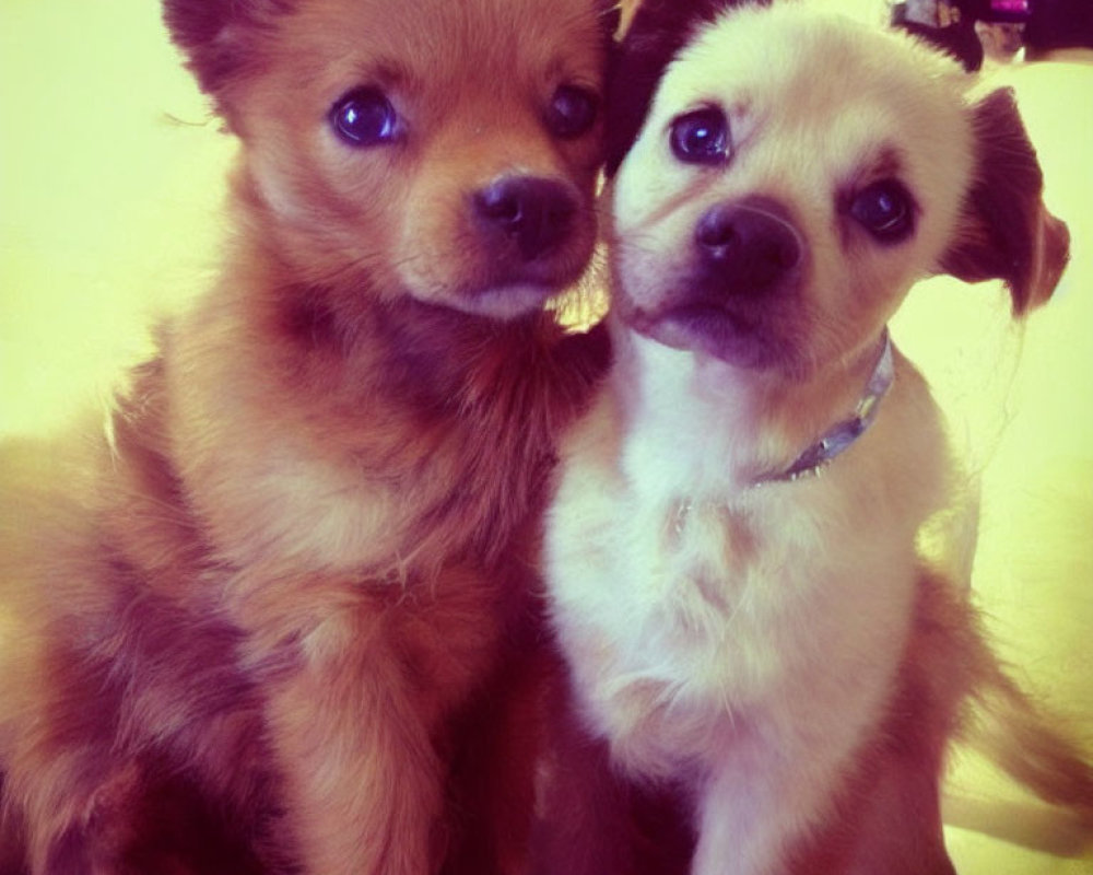 Contrasting Brown and White Fur Puppies Cuddling Close Together