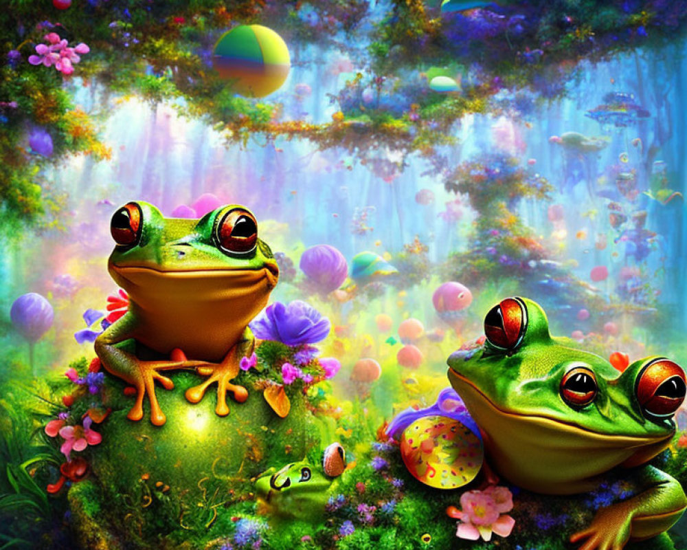 Colorful Cartoon Frogs in Lush Fantasy Scene