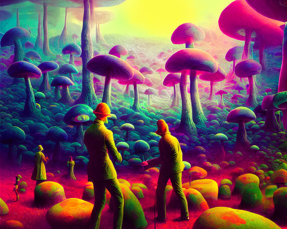 Colorful Fantasy Landscape with Towering Mushrooms and Figures in Yellow Jackets