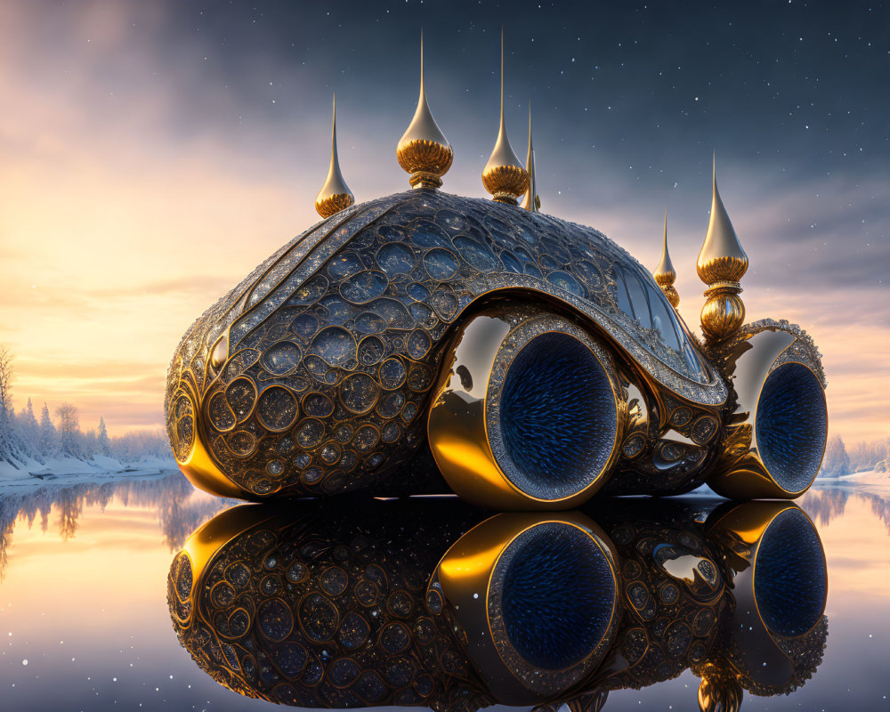 Ornate futuristic vehicle reflected on calm water at twilight