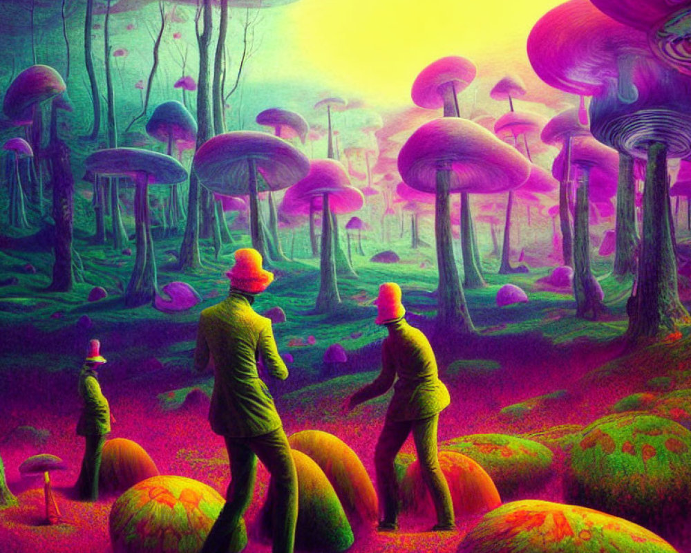 Colorful Psychedelic Forest with Oversized Mushrooms and Explorers in Hats