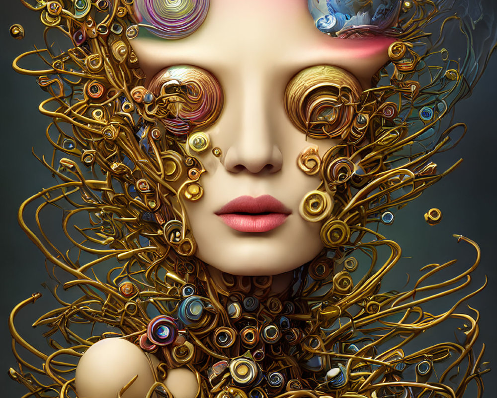 Surreal portrait featuring female figure with golden spiral hair and Earth-like sphere.