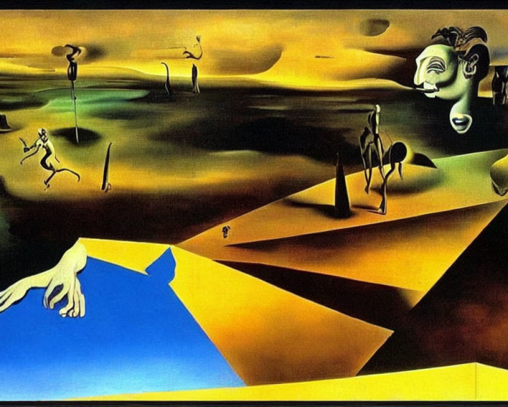 Surrealist painting featuring distorted figures, face, and abstract shapes on yellow landscape