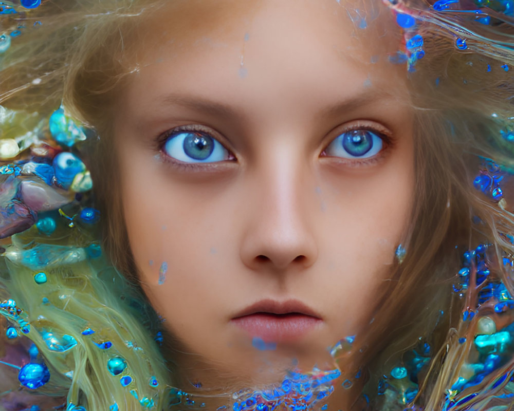 Surreal portrait of young girl with blue eyes in swirling blue and gold hues