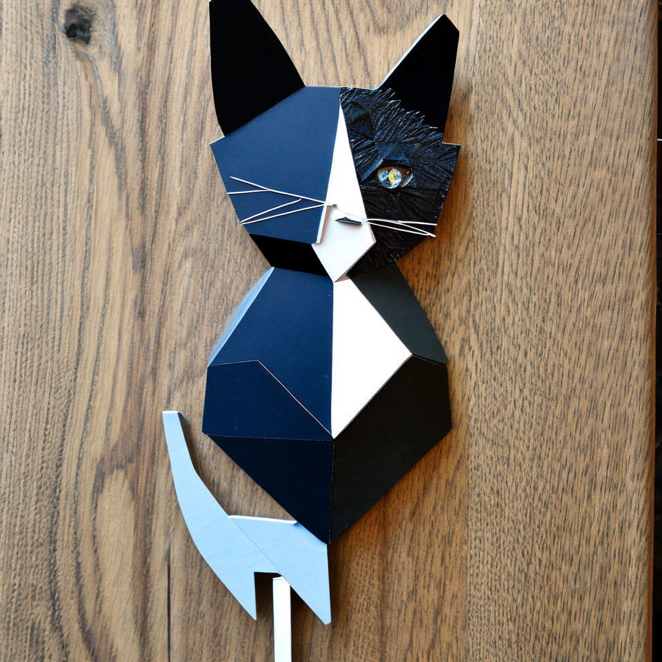 Geometric Paper Art of Two-Toned Cat with Blue and Yellow Eye on Wooden Background