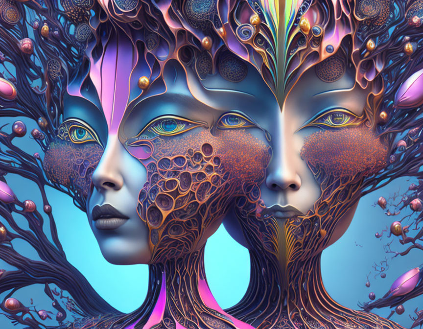 Surreal Artwork: Mirrored Faces with Tree-Like Head Designs in Blue and Purple