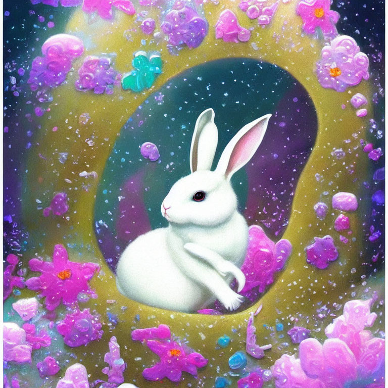 White Rabbit in Whimsical Cosmic Setting with Pink and Purple Flowers