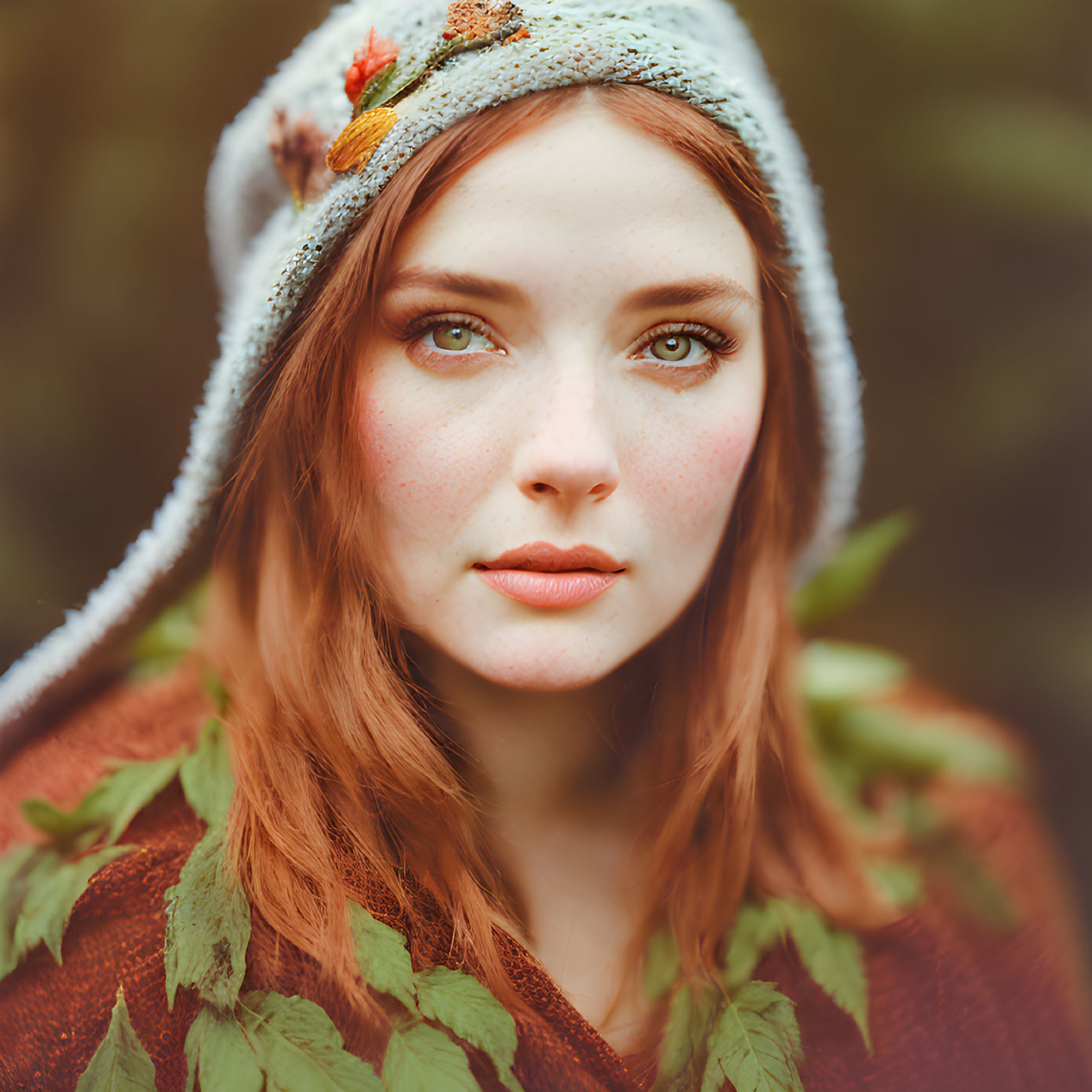 Red-haired woman in leaf-adorned hooded garment gazes at camera in nature.