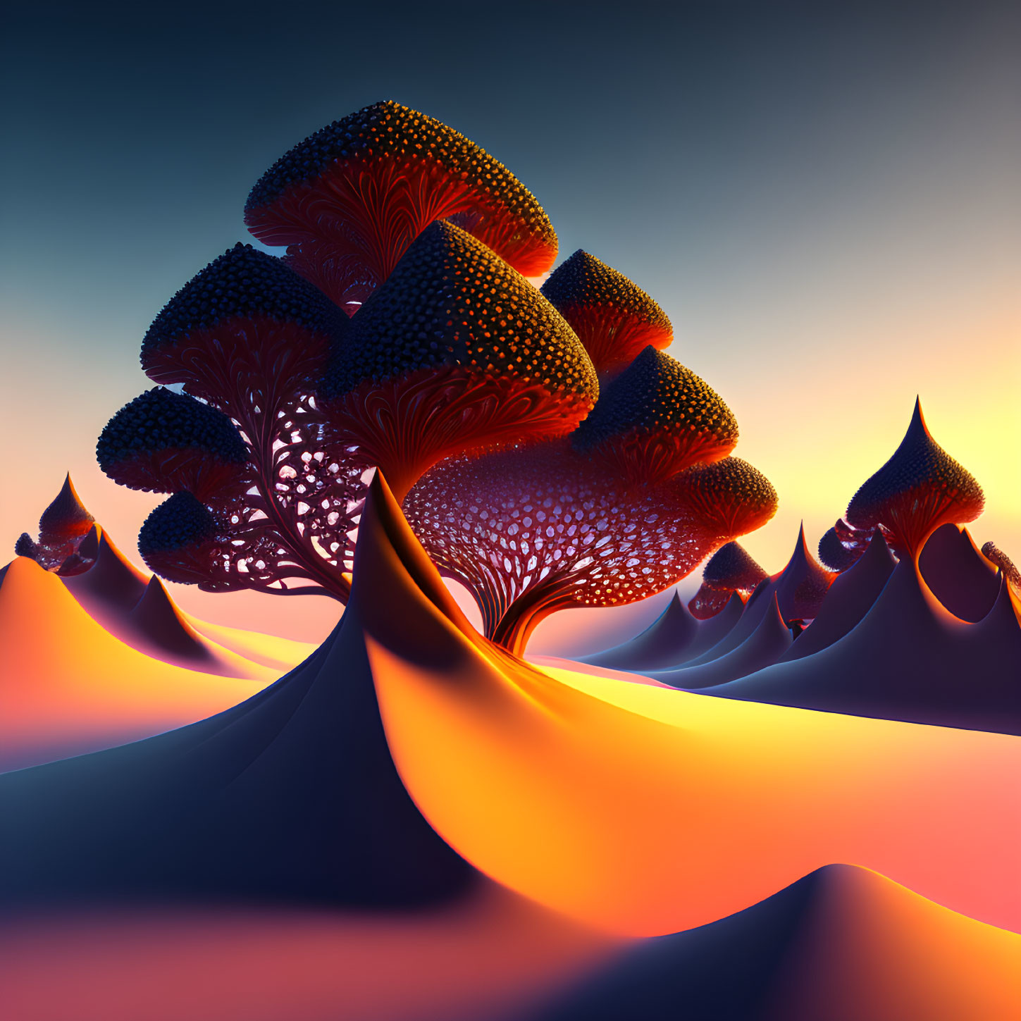 Fractal landscape with intricate tree branches and warm colors