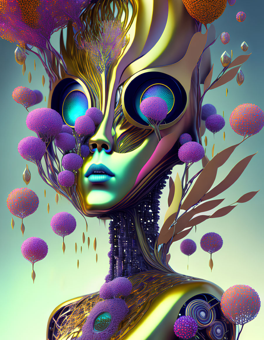 Surreal portrait of humanoid figure with metallic skin and vibrant blue eyes