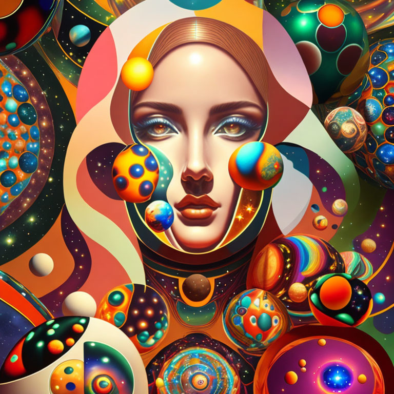 Colorful surreal portrait of woman's face with cosmic orbs and shapes