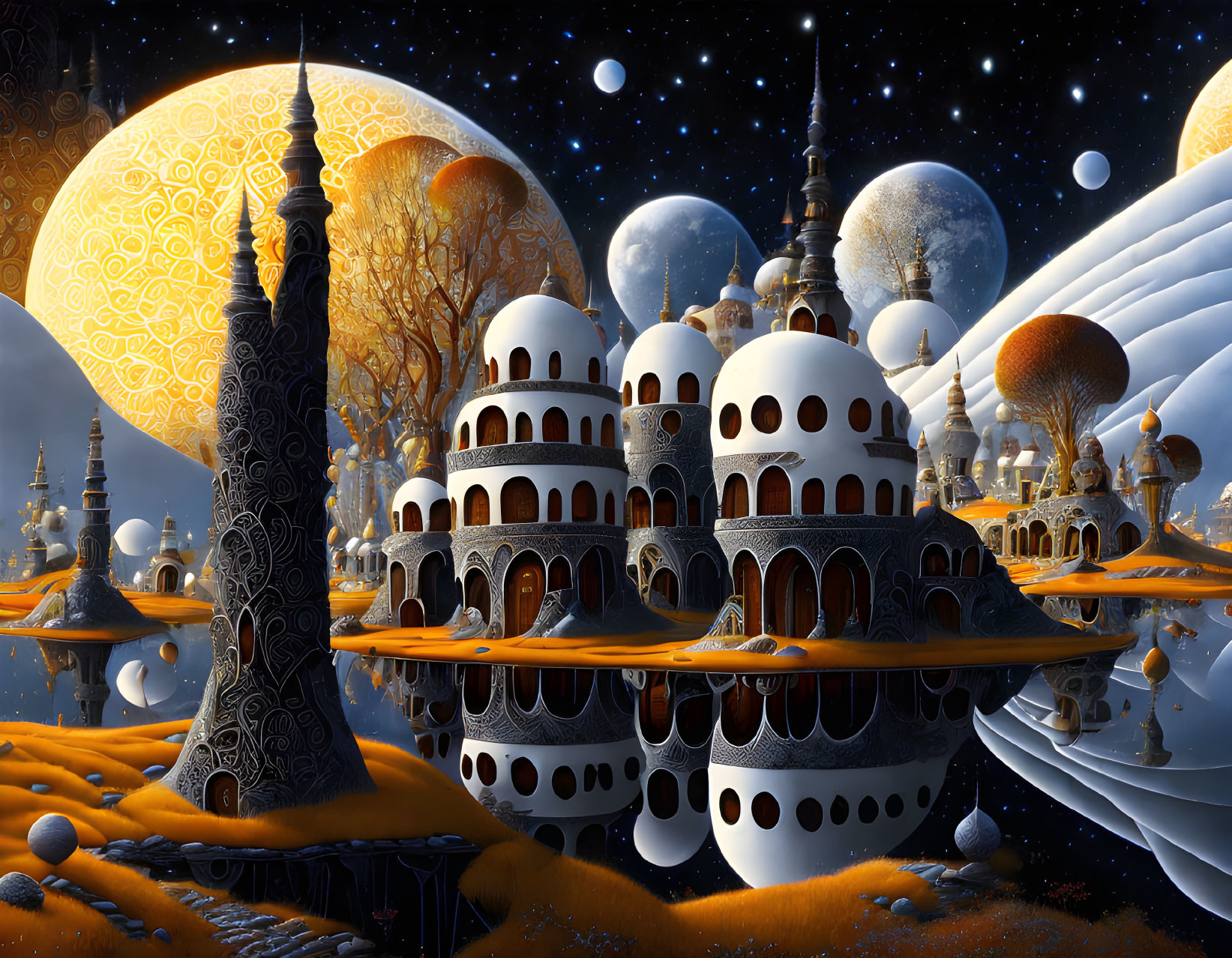 Fantastical cityscape with domed structures and ornate towers at night