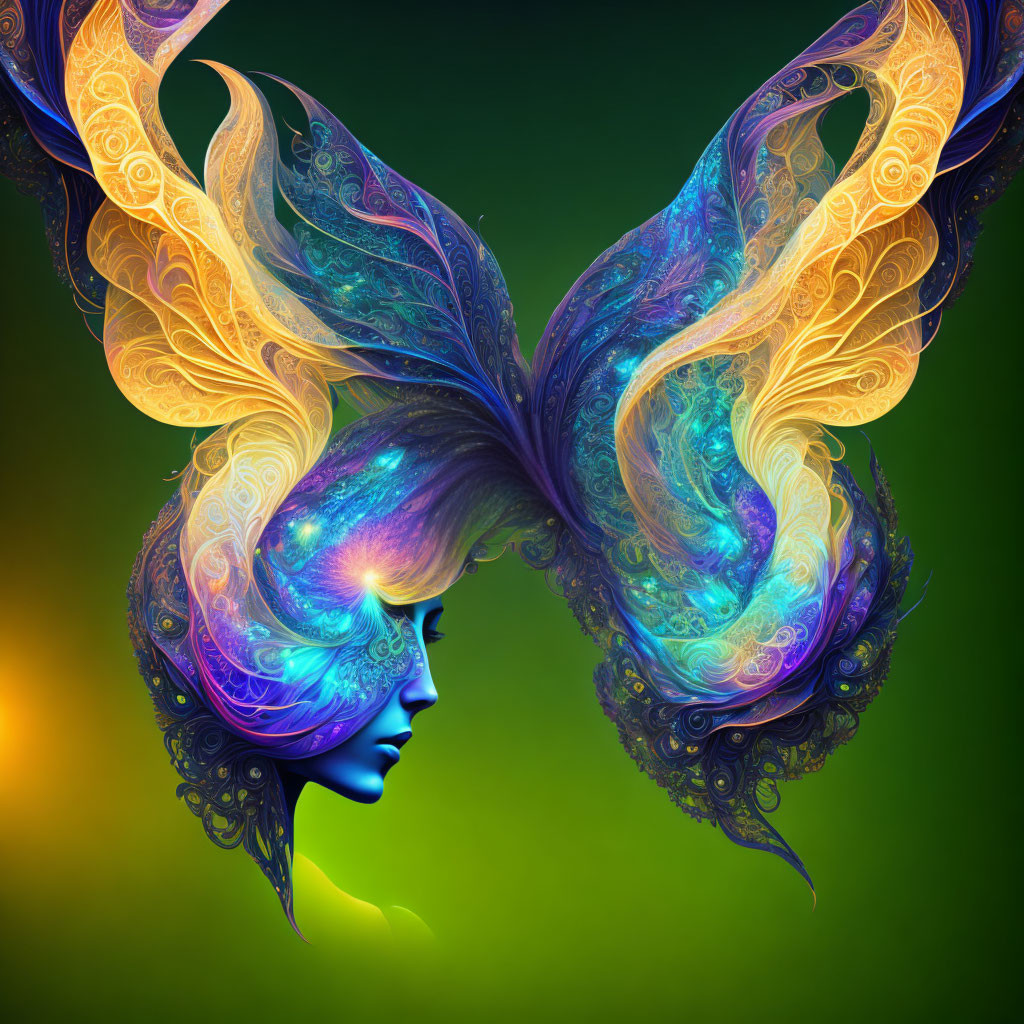 Symmetrical face with butterfly wings hair on colorful background