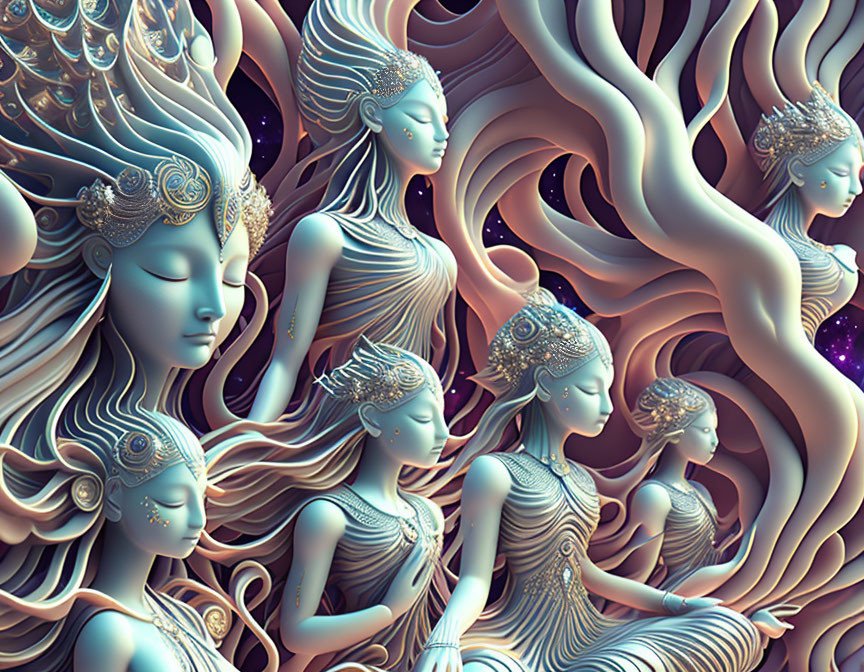 Surreal Artwork: Serene Female Figures with Elaborate Headdresses