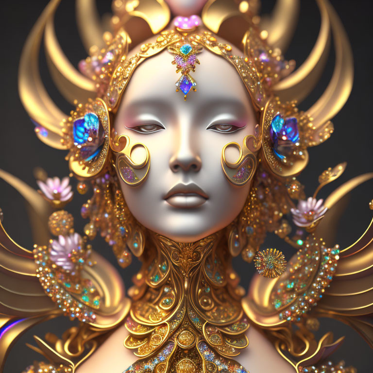 Regal gold-adorned figure with gemstone accents on dark background