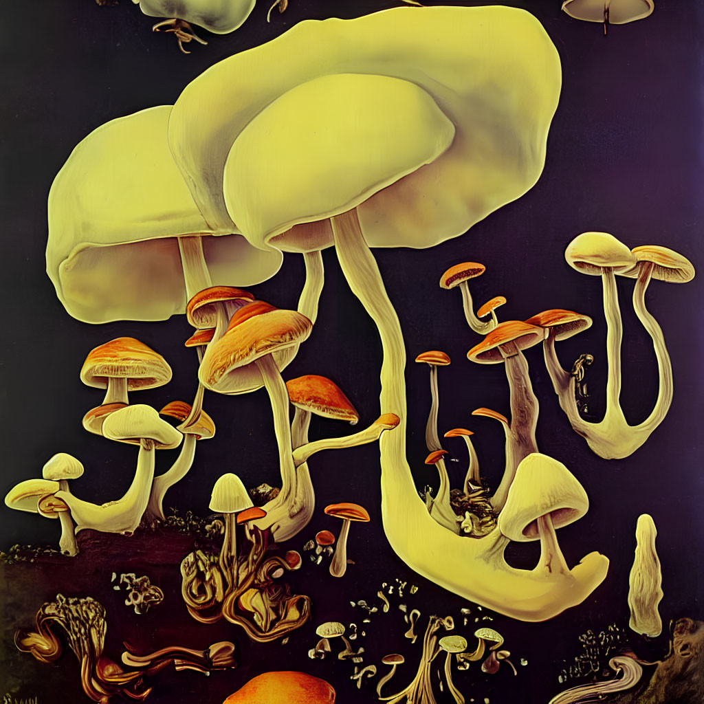 Vibrant Yellow and Orange Mushrooms on Dark Background