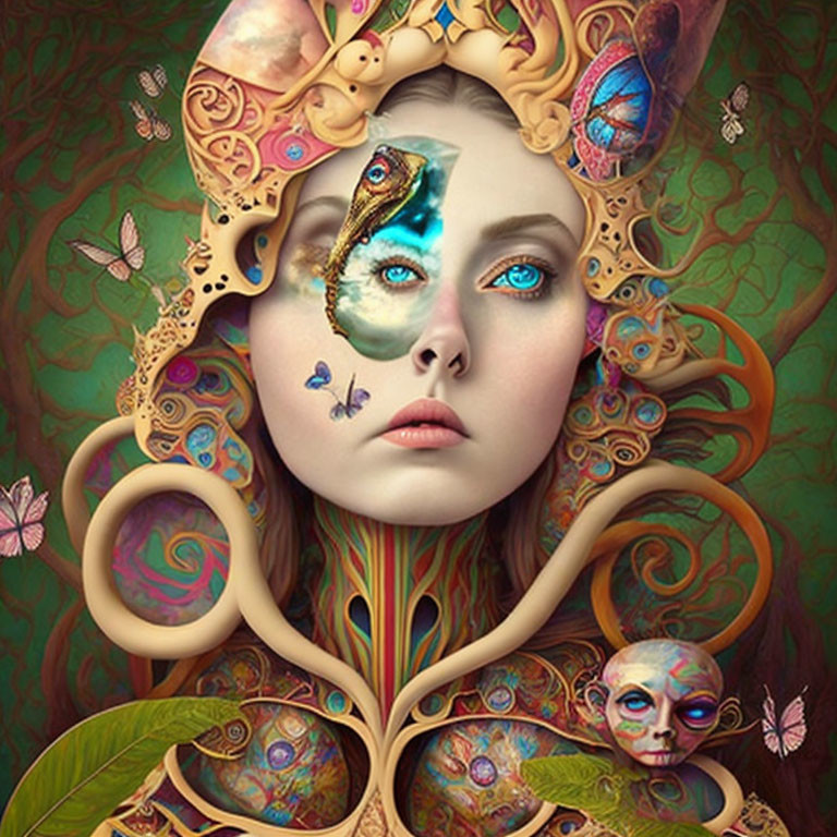 Colorful surreal portrait with organic shapes and animals in Art Nouveau style