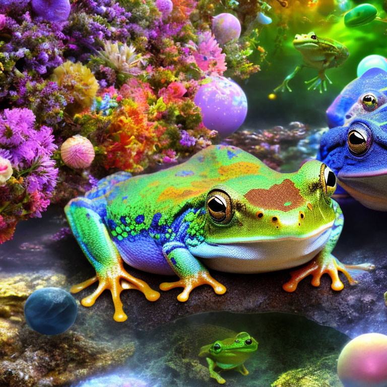 Vibrant plants and colorful frogs in whimsical setting