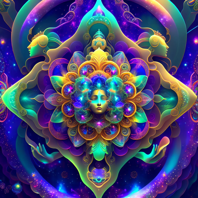 Colorful digital artwork: serene face, floral and cosmic motifs, symmetrical design