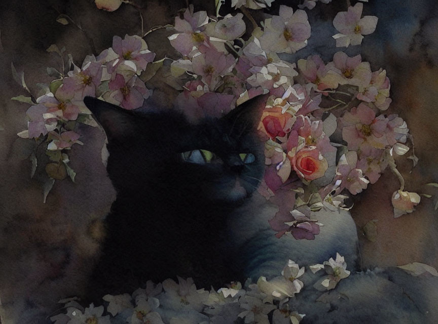 Black Cat Among Pale Pink Flowers on Dark Watercolor Background