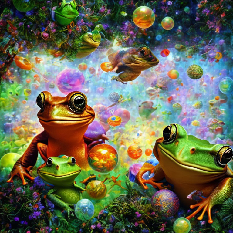 Colorful, whimsical frogs in vibrant, psychedelic setting among floating orbs and lush flora