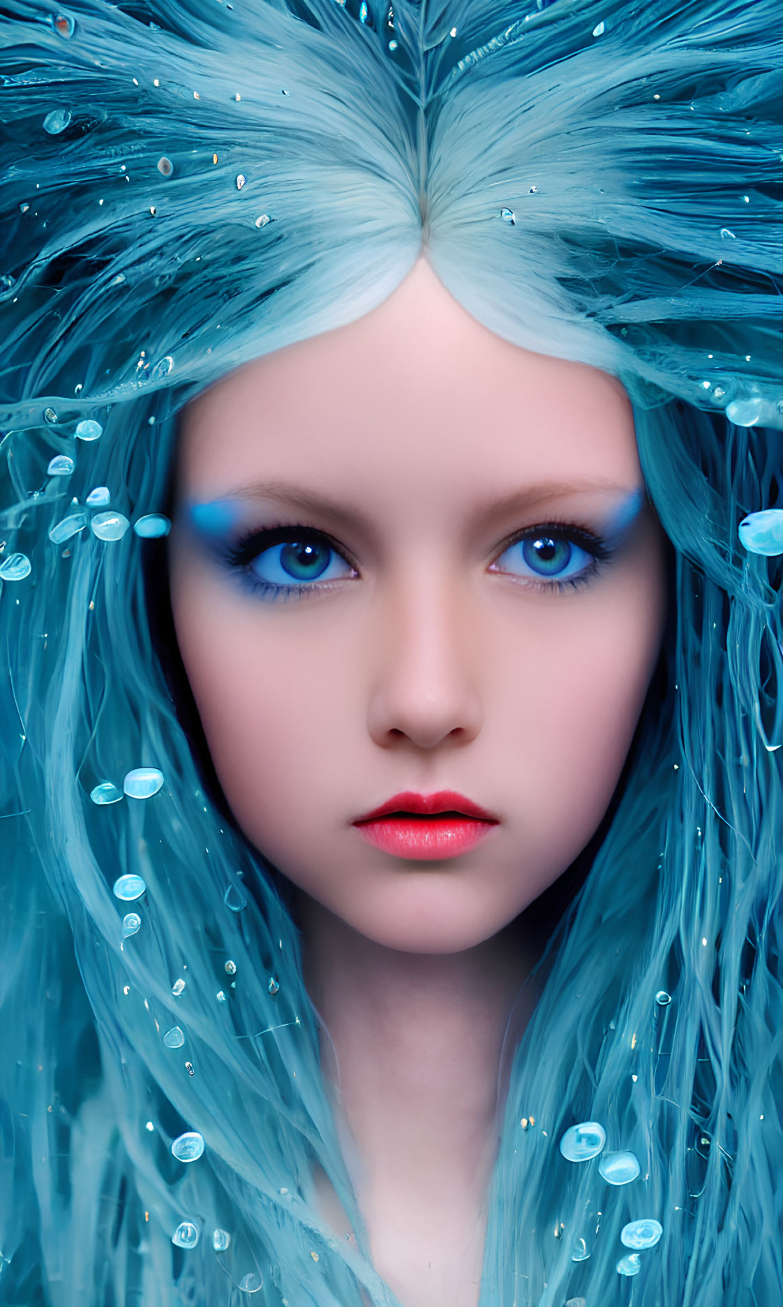 Close-up portrait of person with blue hair resembling underwater flora, adorned with water droplets and vibrant makeup