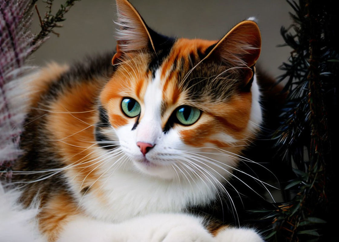 Calico Cat with Green Eyes Surrounded by Dark Green Foliage