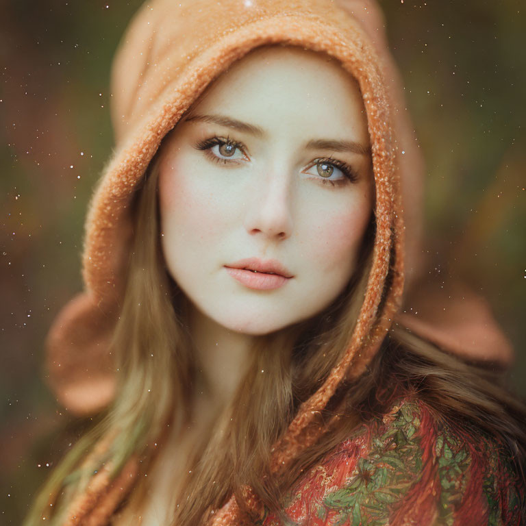 Portrait of person with fair skin and blue eyes in orange hooded garment against bokeh background