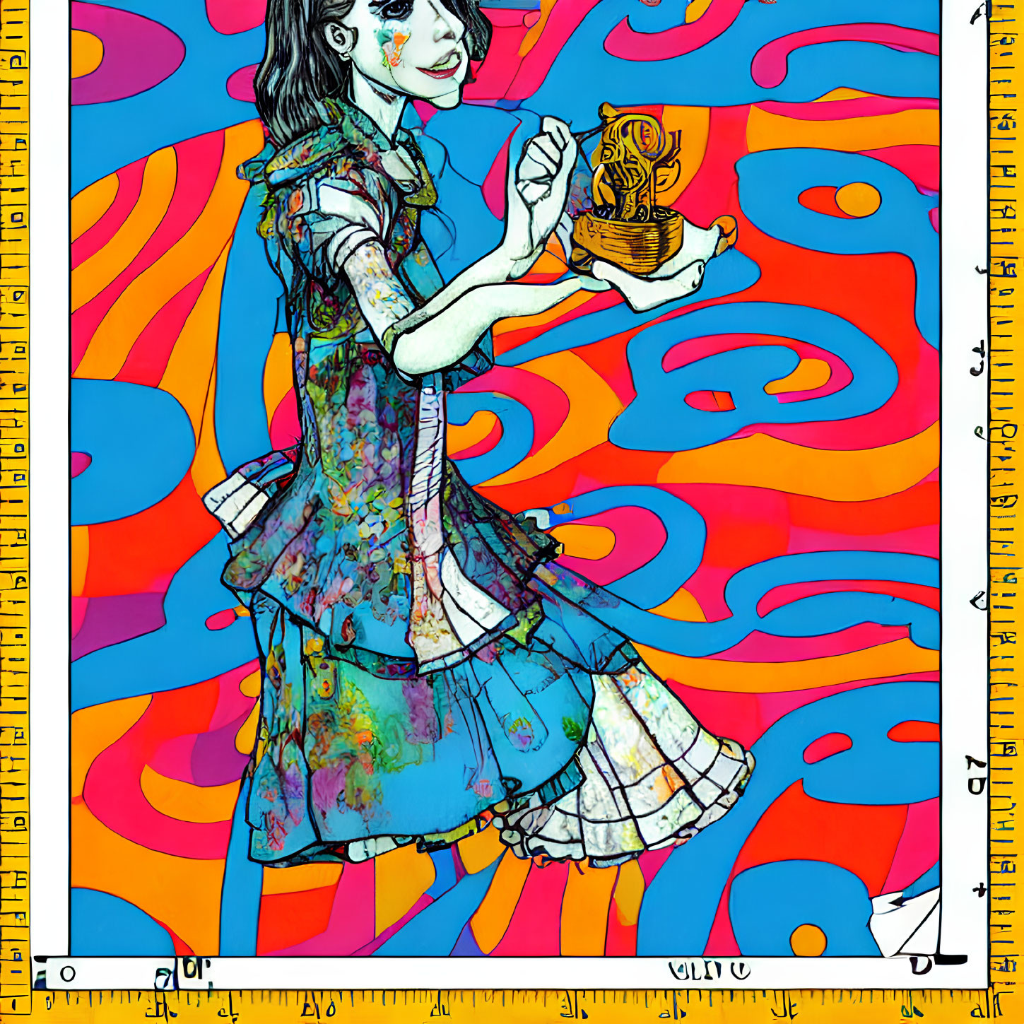 Vibrant woman in patterned dress with whimsical creature on colorful background