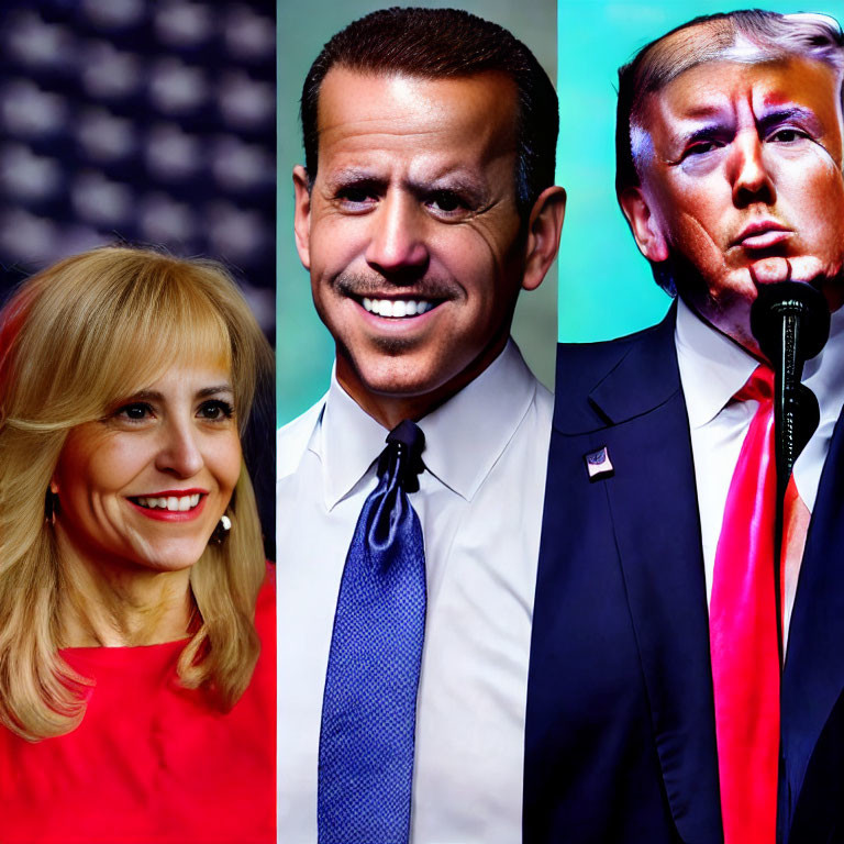 Three Smiling Portraits: Blond Woman, Man in Blue Tie, Man in Red Tie