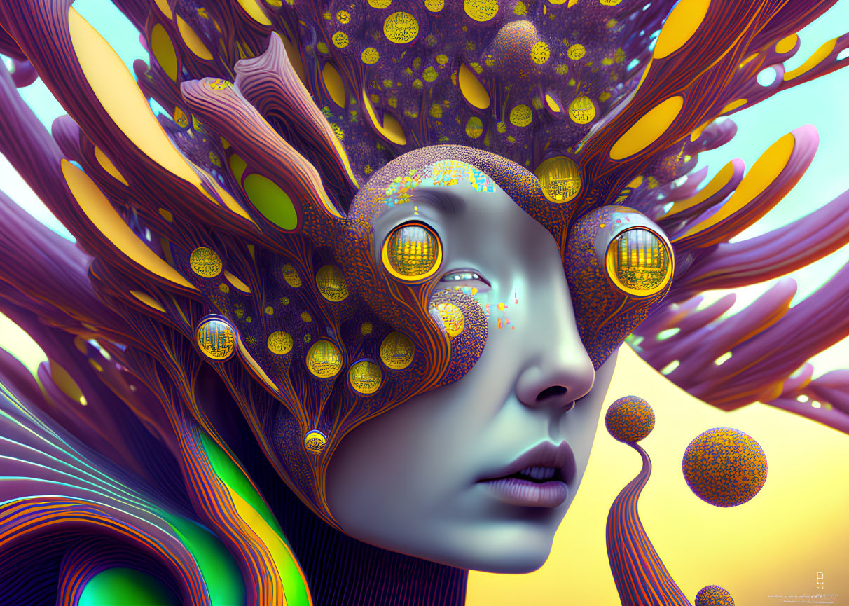 Vibrant surreal digital artwork with psychedelic face and abstract flora/fauna.