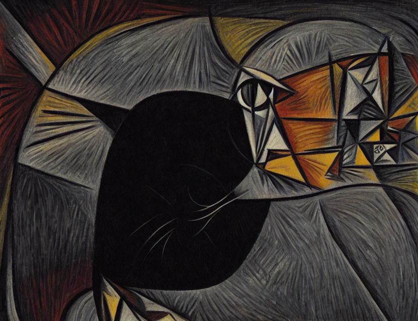 Geometric Cubist Cat Painting in Black, Gray, and Yellow