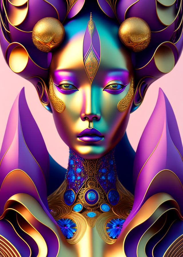 Vibrant digital artwork featuring stylized female figure with gold and purple headdress