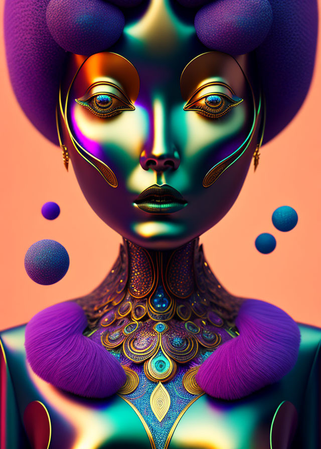 Colorful digital artwork featuring stylized female figure with golden facial features, purple accents, iridescent