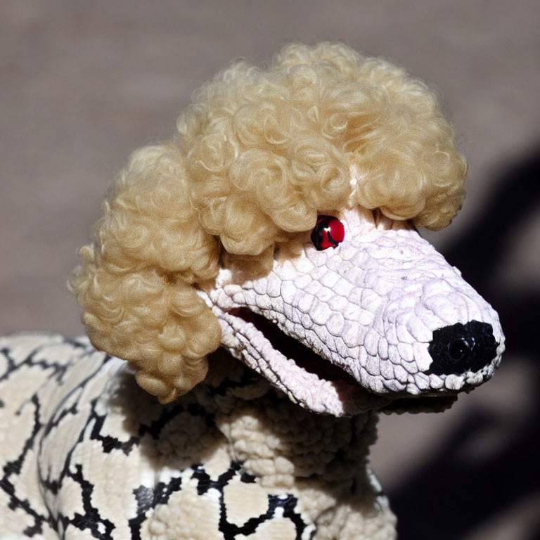 Curly blonde poodle head in snake costume with scales