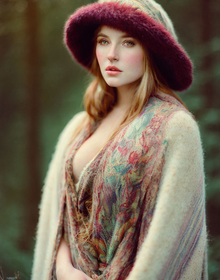 Red-haired woman in purple hat standing in forest with floral shawl gazes at camera