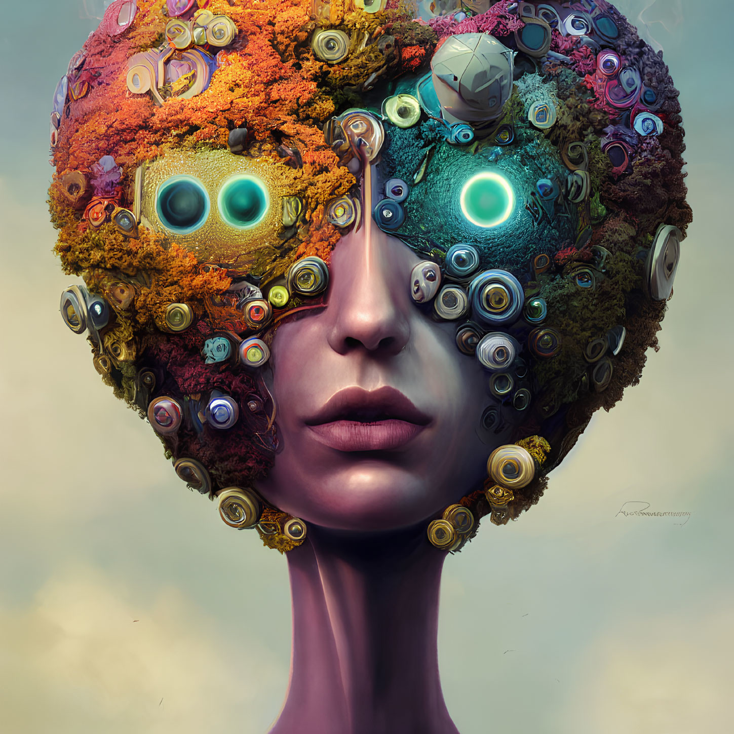 Colorful surreal portrait with intricate mechanical and organic head structure.