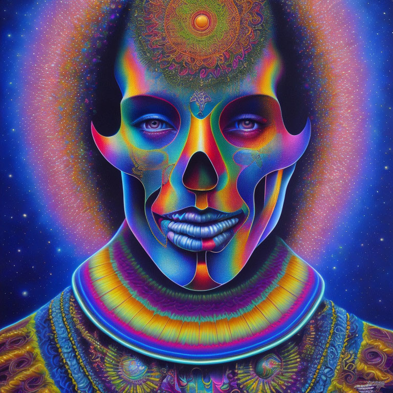 Colorful psychedelic portrait with cosmic and mandala patterns