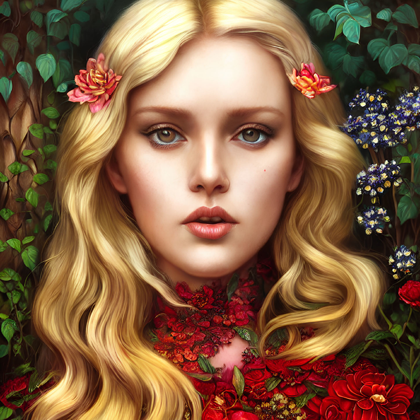 Blonde woman portrait with red flowers and greenery