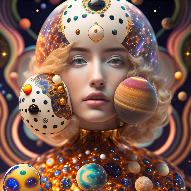 Digital Artwork: Woman with Celestial Objects and Cosmic Patterns