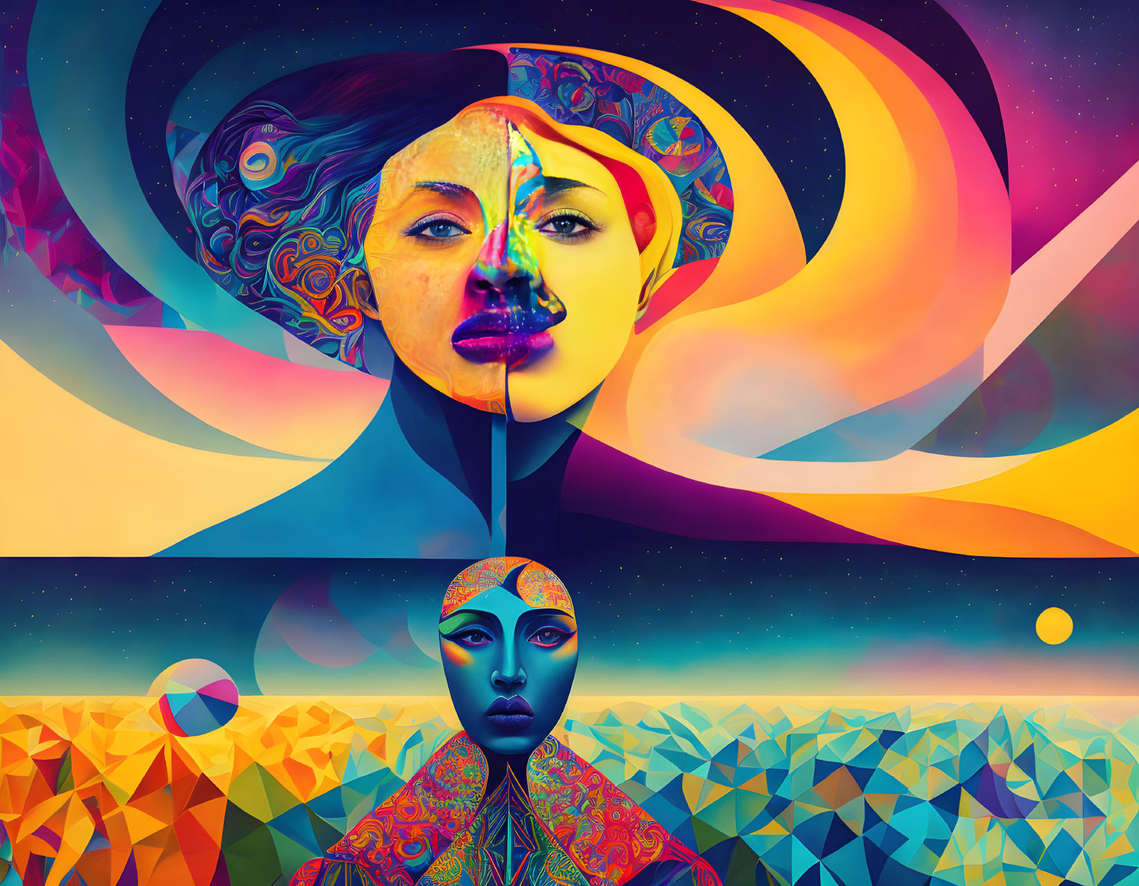 Colorful surreal artwork with composite faces and cosmic patterns