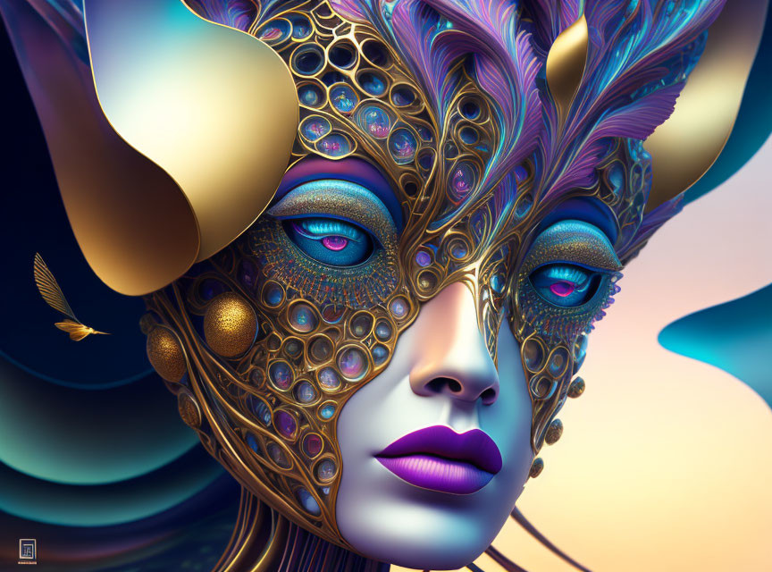 Digital art: Woman with ornate mask, golden patterns, blue eyes, feathers