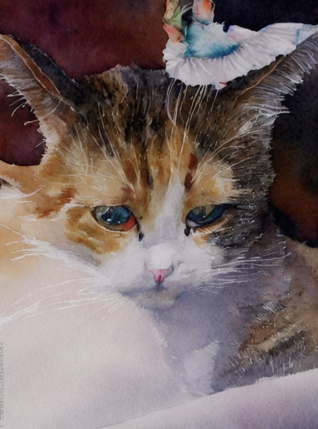 Calico cat watercolor painting with blue eyes and bird companion