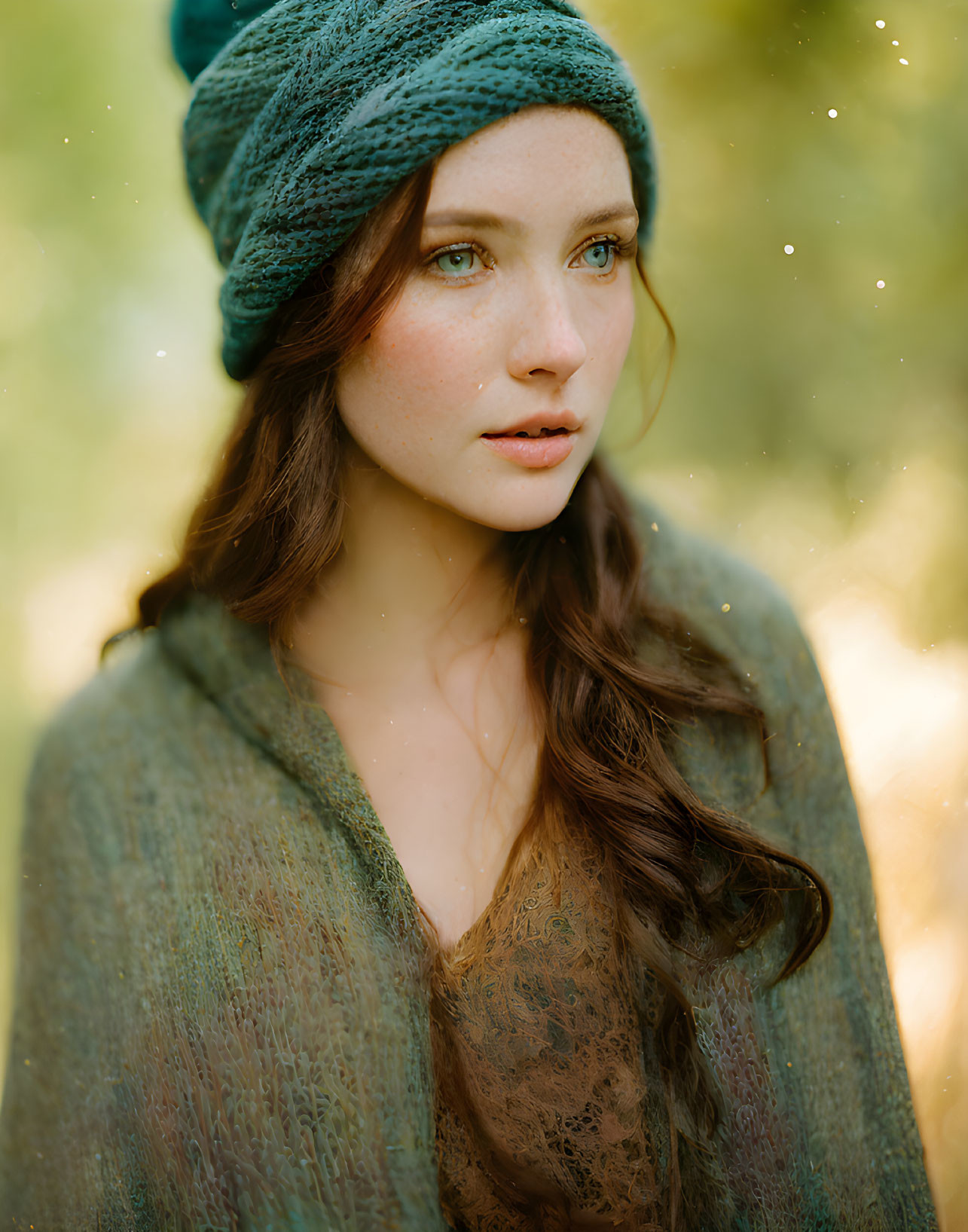 Long-haired woman in green headband and lace top gazes in sunlit forest