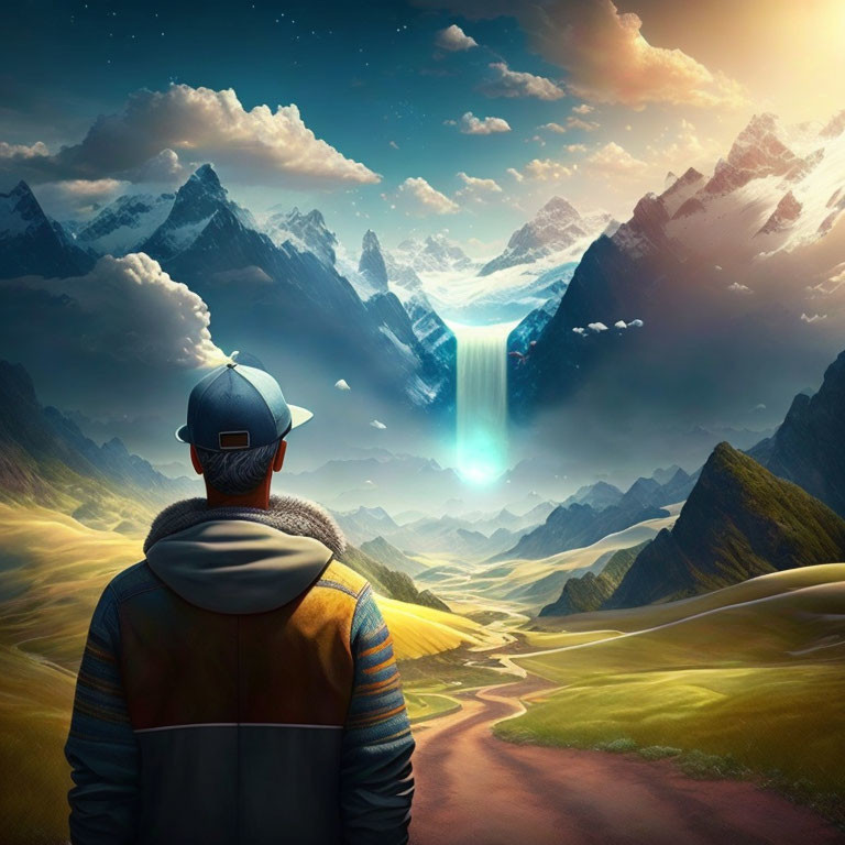 Person in jacket and cap in surreal landscape with mountains, waterfall, and vibrant sky.