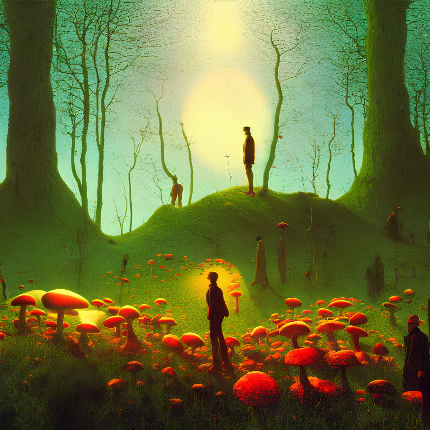 Enchanting sunset forest with oversized red mushrooms and silhouetted figures