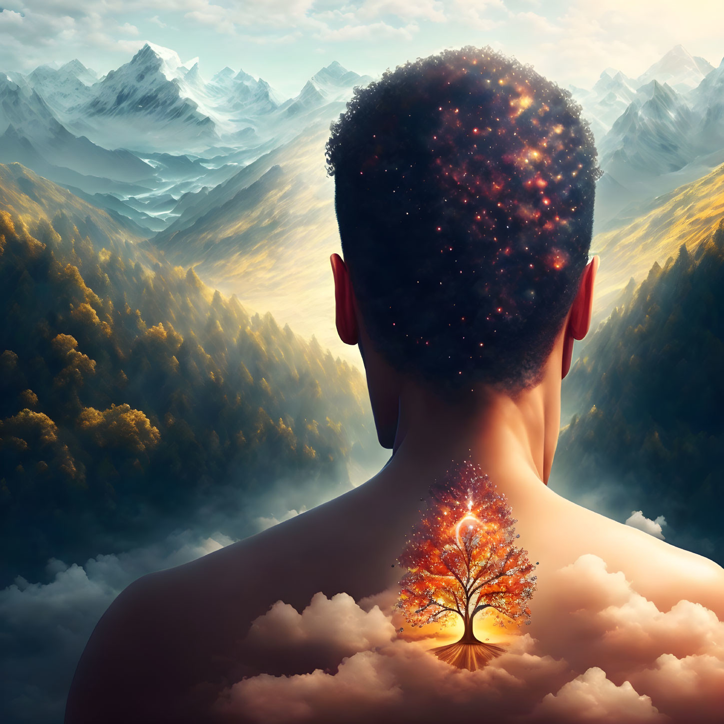 Person with cosmic pattern in head silhouette overlooking surreal landscape with mountains, clouds, and vibrant tree.