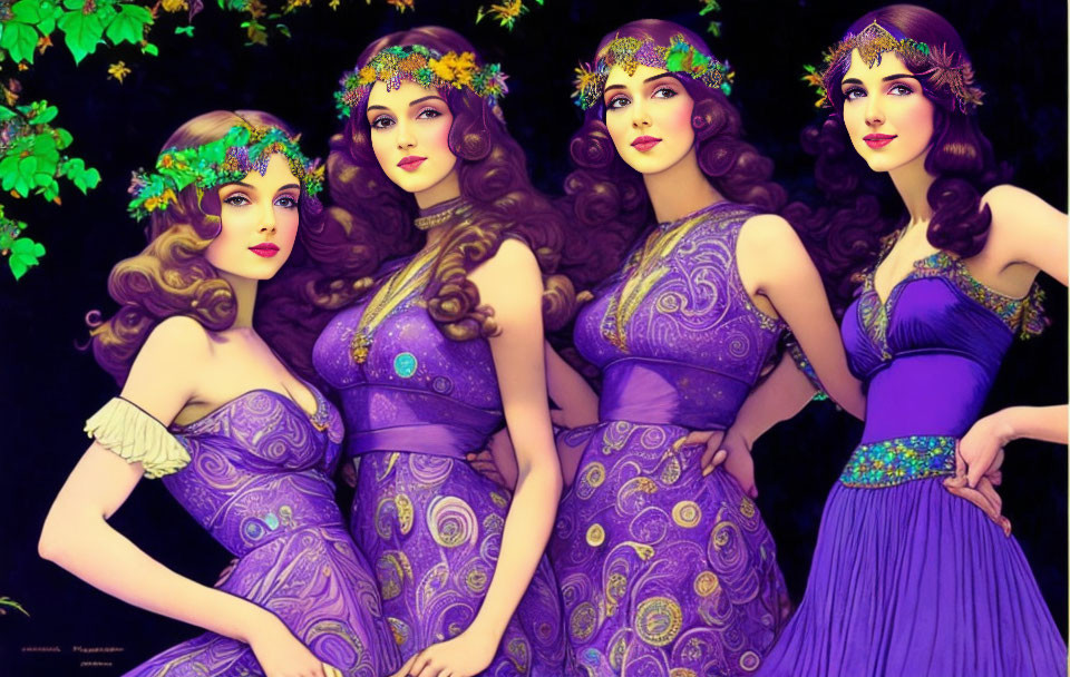 Four women in purple and green period gowns with floral headpieces on dark foliage background.